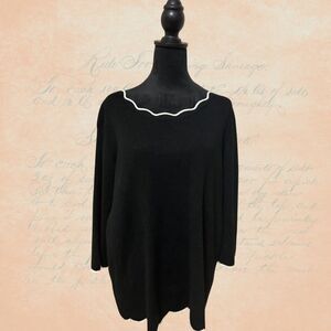 Cable & Gauge Sweater 3/4 Sleeve Black with White Scalloped Trim Women's Size 1X
